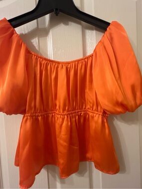 Orange Peplum Puff-Sleeve Women's Top